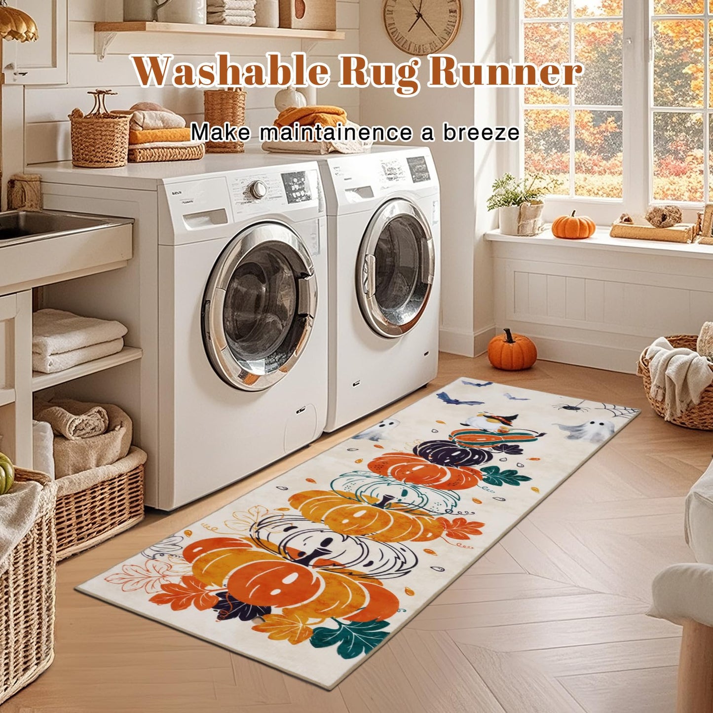 Geanlod Pumpkin Fall Runner Rugs for Hallway 2x6Ft Non Slip, Autumn Halloween Washable Kitchen Rug Runners, Beige Low Pile Bedroom Floor Carpets for Entryway Laundry Bathroom Living Room Holiday Decor