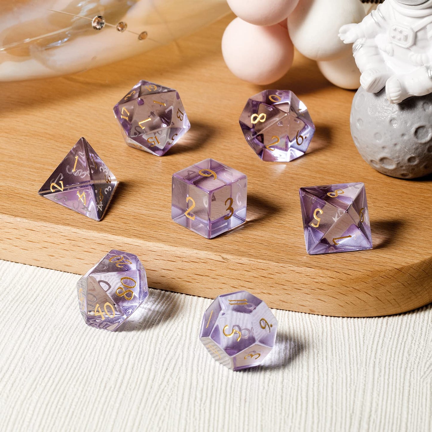 D&D Dice DNDND 7 Piece Zircon Glass Dice Set with Great Gift Box for Dungeons and Dragon DND Tabletop Game (Purple Glass with Gold Num)