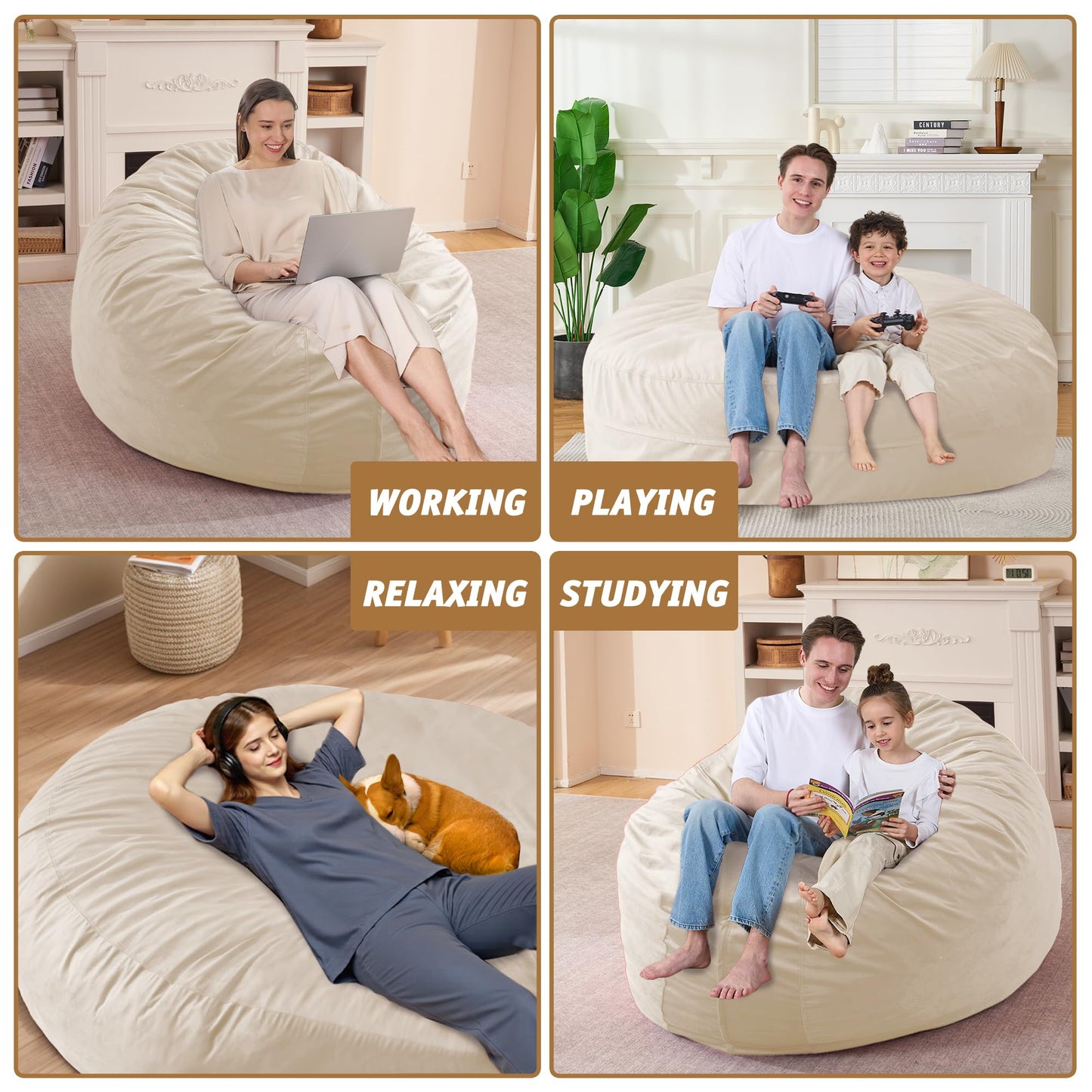 lilanoon Bean Bag Chair 7FT with Ultra Soft Velvet Cover Memory Foam Bean Bag Large Size Lazy Sofa for Living Room Beige 7FT