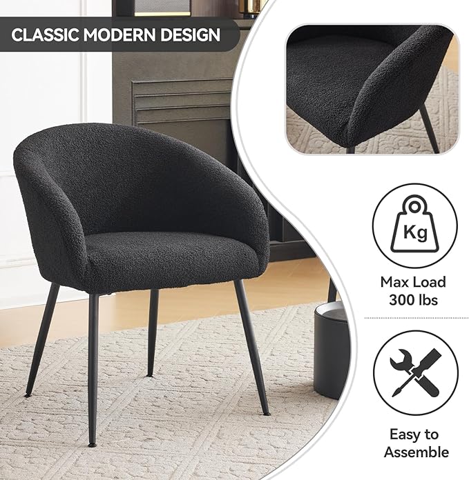 YDcosyfy Modern Small Accent Chair Set of 4, Comfy Sherpa Makeup Vanity Chair with Metal Legs, Decorative Dining Chair no Wheels for Living Room, Dressing Room, Bedroom, Black
