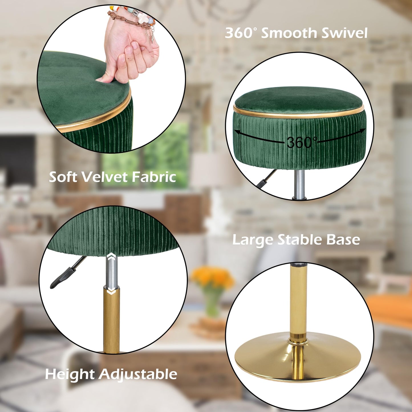 LITZFUR Velvet Vanity Stool for Makeup Room, Round Storage Ottoman Height Adjustable Gold Vanity Chair, 360° Swivel Footrest for Living Room Bedroom, Dark Green