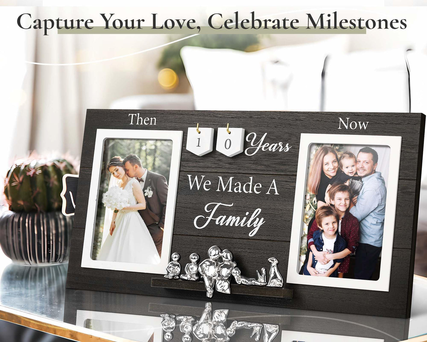 DREAMORIE Then & Now Anniversary Picture Frame with Tin Family Figurines – Rustic Wooden 10th Wedding Gift for Couples, Custom Number Tiles