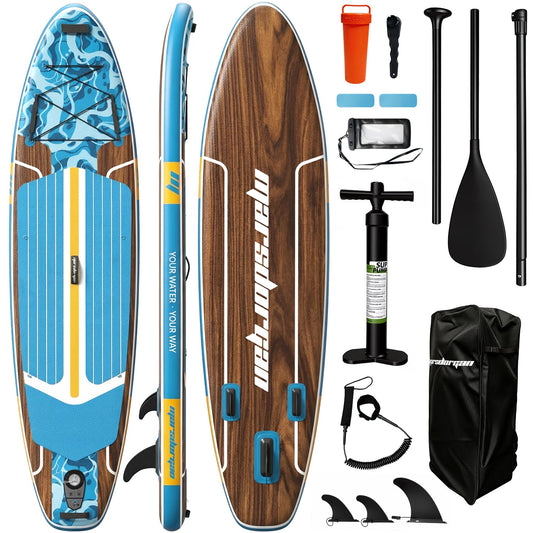Marsdorgan 11ft Inflatable Stand Up Paddle Board, Wood Grain Ultra Lightweight SUP, 430lb Capacity for Adults Youth Family, for Fishing Camping, Complete Kit with Backpack & Pump, Walnut