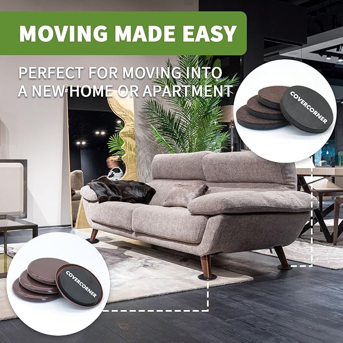 COVERCORNER Furniture Sliders for Hardwood Floors, Furniture Sliders for Carpeted Floors, 16 PCS 3 1/2 inch Combo Pack, Sliders for Moving Furniture, Furniture Movers Sliders, Brown