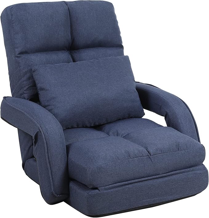 DeeLyan Indoor Floor Chair with Armrest and Pillow Folding Chaise Lounge Sofa 14-Position Adjustable Comfy Gaming Recliner Chair Padded Seats for Adults (Blue)