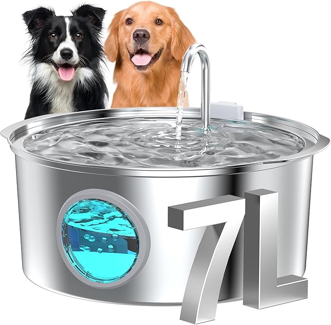 Dog Water Fountain for Large Dogs: 7L/236oz/1.8G Dog Fountain Stainless Steel - Big Cat Drinking Fountain Indoor - Super Q...