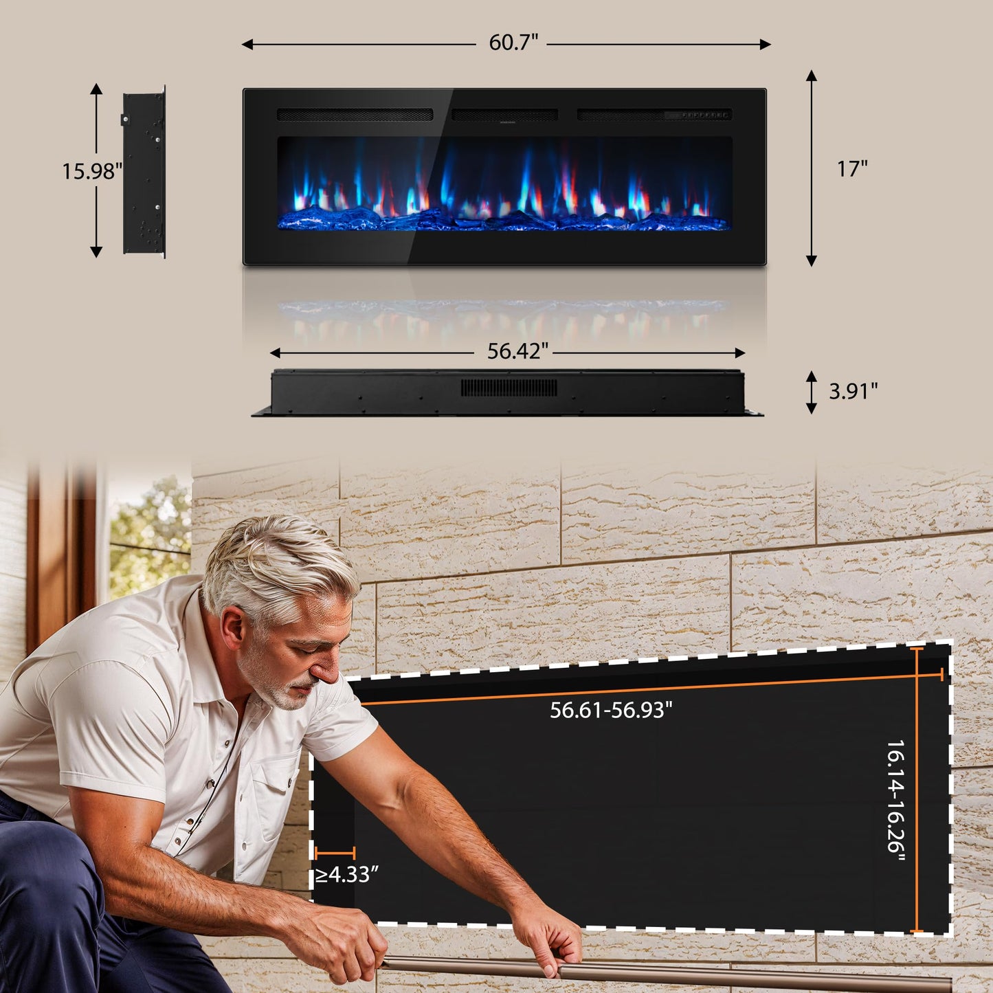 Manastin 60 inch Electric Fireplace in-Wall Recessed 2026 Upgrade Wall Mounted Fireplace with Remote Control, 1500/750W Fireplace Heater with 12 Adjustable Color, Timer, Log and Crystal