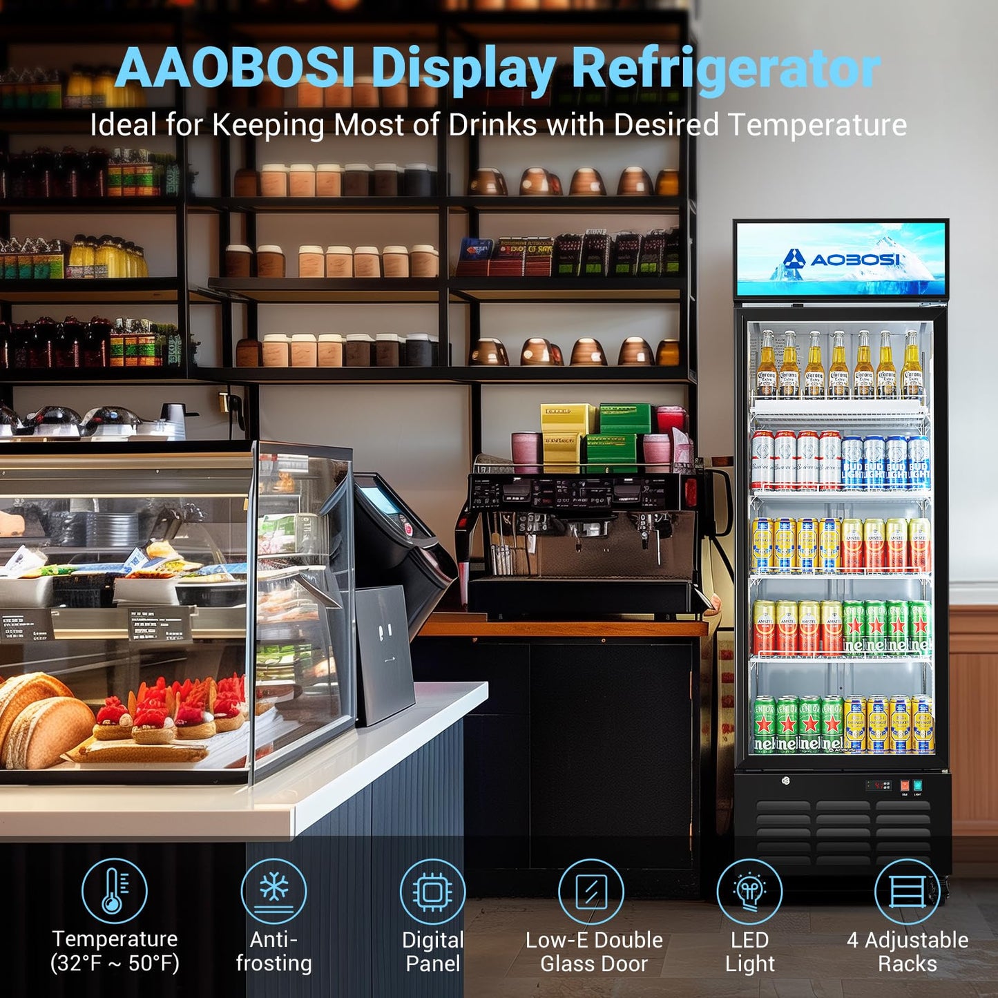 AAOBOSI Commercial Merchandiser Refrigerator,17.1 Cu.Ft Glass Door Display Refrigerator,Upright Beverage Cooler Fridge with Soft LED Light, Customizable Lightbox,Universal Casters,Adjustable Shelves