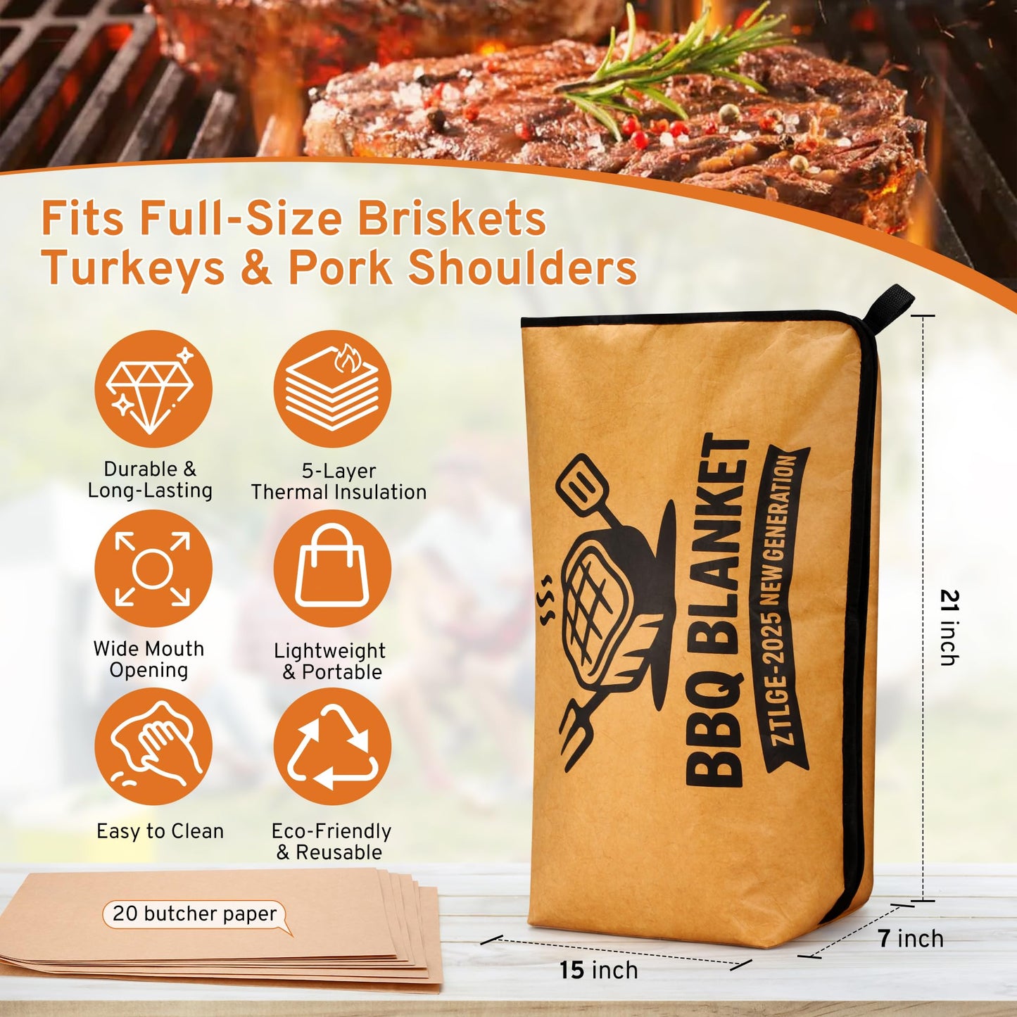BBQ Blanket for Resting Meat - 21" Reusable Leakproof Meat Resting Bag, 5-Layer Insulated Smoker Blanket with 20 Butcher Papers, Brisket Wrap Smoker Accessories & BBQ Gifts for Men (Turkey,Pork,Beef)