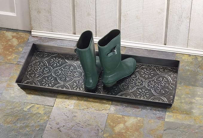 HF by LT Medallion Pattern Metal Boot Tray, 30 x 13 inches, Zinc Finish