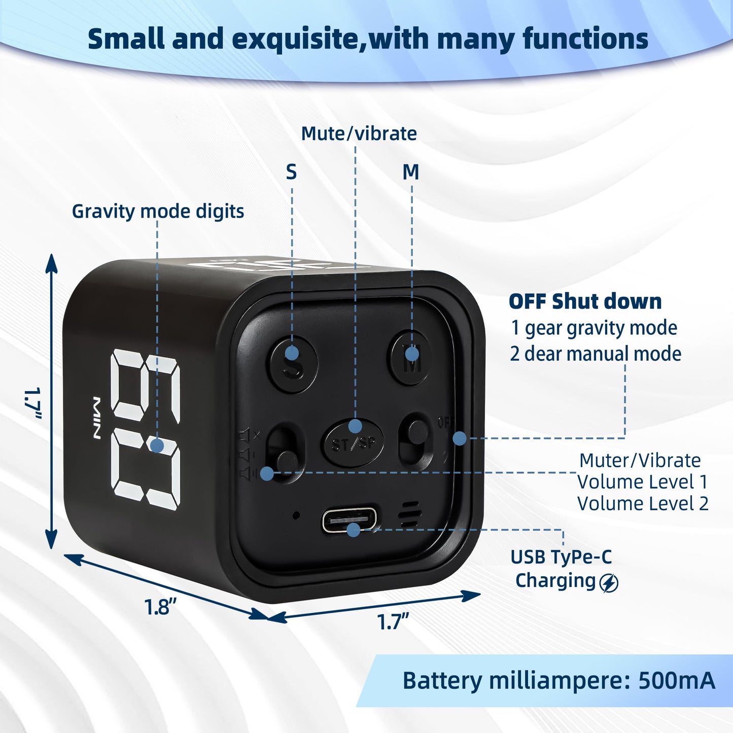 VEWINGL Cube Productivity Timer, 5/10/30/60 Min Presets + Custom Countdown, Silent/Vibrate/Sound Alarm, Pause & Resume, Desk Timer for Work, Study, Tasks, Kitchen