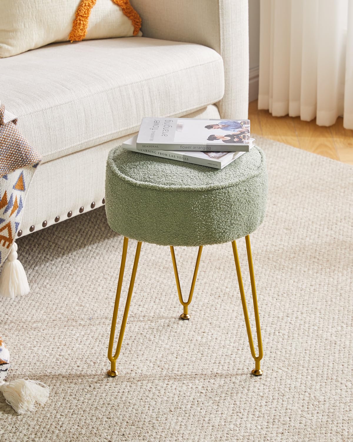 IBUYKE Teddy Velvet Round Footrest Stool Ottoman, Makeup Vanity Stool Side Table, Velvet Dressing Table Seat, Pouf Couch Stool, for Living Room Bedroom, Light Green WBD009D