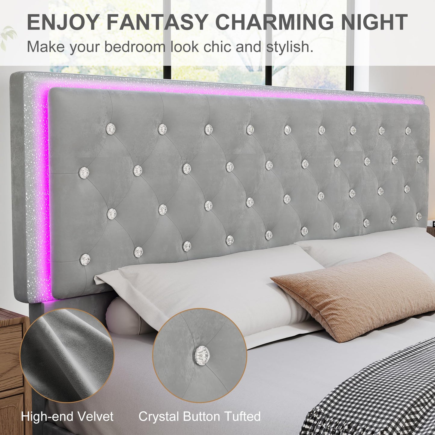 Torana Queen LED Bed Frame with 2 Drawers, Soft Velvet Platform Bed with Diamond Tufted Headboard Footboard and 2 Side Pockets, Mattress Foundation with Wooden Slats Support No Box Spring Needed, Grey