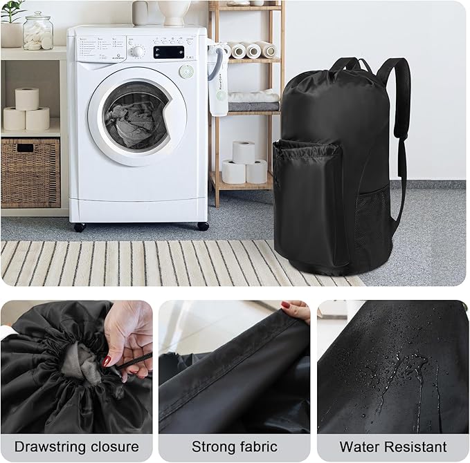 Polecasa Extra Heavy Duty Large Backpack Laundry Bag with Comfortable Padded Shoulder Straps & 4 Pockets, Durable Storage Bags, Drawstring bag for Dorm, College, Travel, Black
