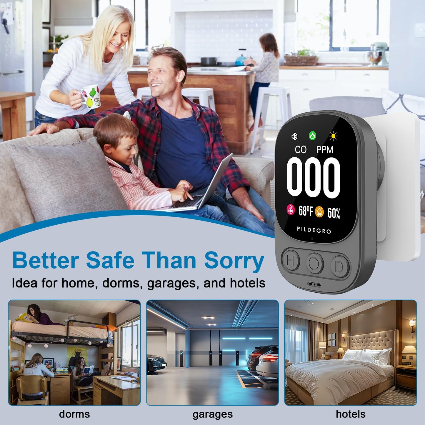 Pildegro 3-in-1 Carbon Monoxide Detector Plug in, Professional 2.1" LED Plug-and-Play Real-Time CO Monitor with Temp & RH, Premium Portable Travel CO Alarm with 85dB Loud Alarm (Grey/Timeless)