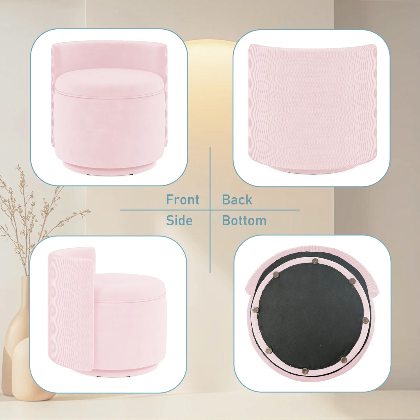 allamazing 360° Swivel Accent Chair with Storage, Vanity Stool with Back, Velvet Storage Ottoman, Upholstered Round Barrel Vanity Chair for Living Room, Makeup Room, Bedroom (Pink)