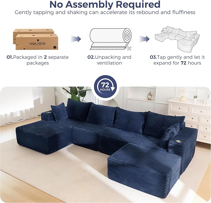 MAXYOYO 132" Giant U-Shaped Modular Sectional Couch, Modern Boneless Couch for Living Room, Sofa in A Box, Oversized Sofa Sleeper with Deep Seat, No Assembly Required, Navy