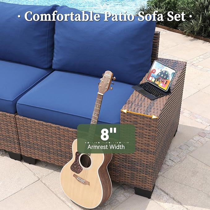 Aoxun 6 Piece Patio Furniture Set with Wide Armrests Wicker Rattan Outdoor Sectional Sofa Set with Coffee Table and Thickened Cushions, Brown/Blue(Waterproof Cover Included)