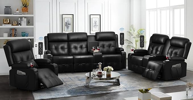 Recliner Sofa, 3 Seater Massage Reclining Loveseat Sofa Sets, 1 Lovseat Reccliner, 2 Single Power Recliner Chairs Heat & Massage, Heavy Weight Capacity, RV Clearance Couch with Console, USB, Type C