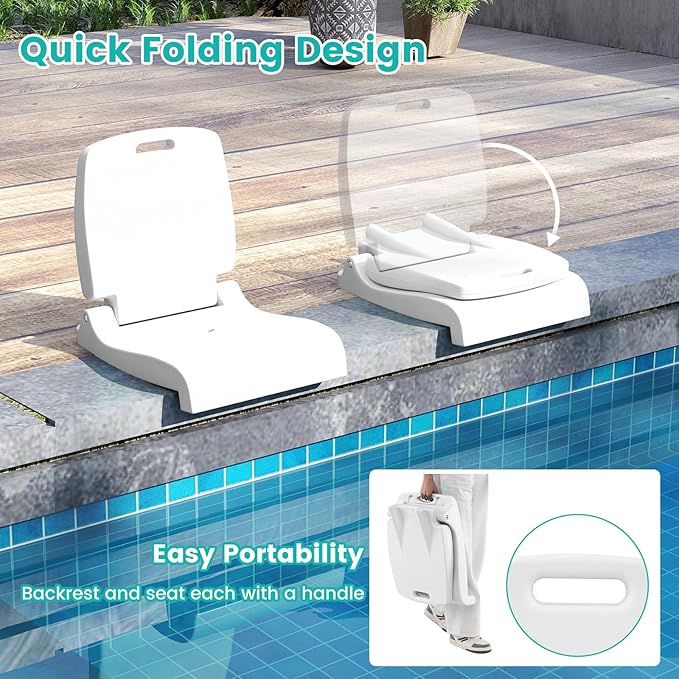 Goplus Poolside Chair for Edge of Pool, Foldable Portable Flip Seat w/Back Support & 2 Handles, Lightweight Outdoor Camping Chair for Stadium, Tailgating, Fishing, Boats, Beach (White, 2 Packs)