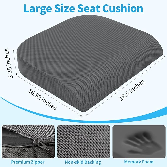 TranquilRelax Large Seat Cushion, Soft Foam Cushion for Long Sitting Hours on Office Chair, Home & Car, Non-Slip Chair Pad for Relieving Back & Sciatica & Hip & Coccyx Pain (Grey)