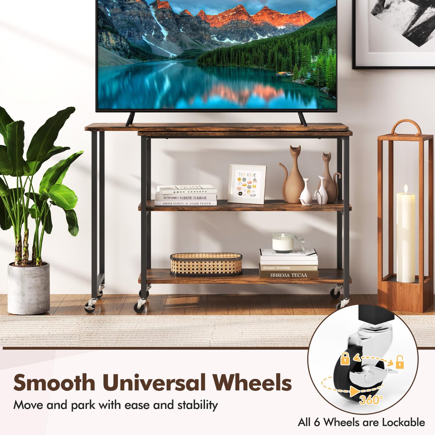 Giantex 360° Free Rotating Sofa Side Table, Patented Mobile End Table with 2-Tier Storage Shelves, Movable Laptop Table w/ 6 Universal Casters, Couch Table Snack Table for Home Office, Large