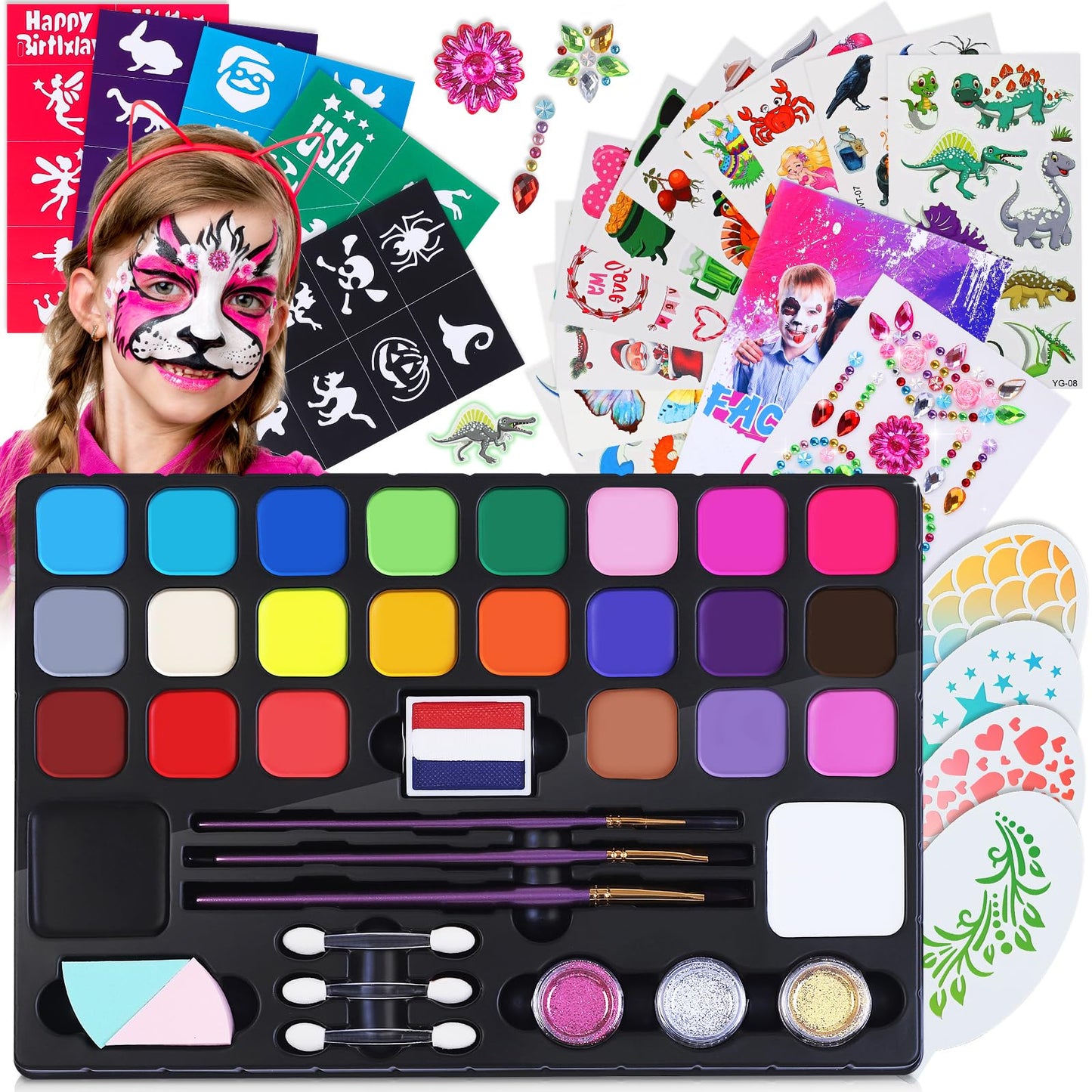 Face Painting Kit for Kids - 24 Colors Non-Toxic Face Paint Kit with Stencils & Paint Brush-Professional Body Makeup Kit for Parties,Birthdays,Halloween,Christmas