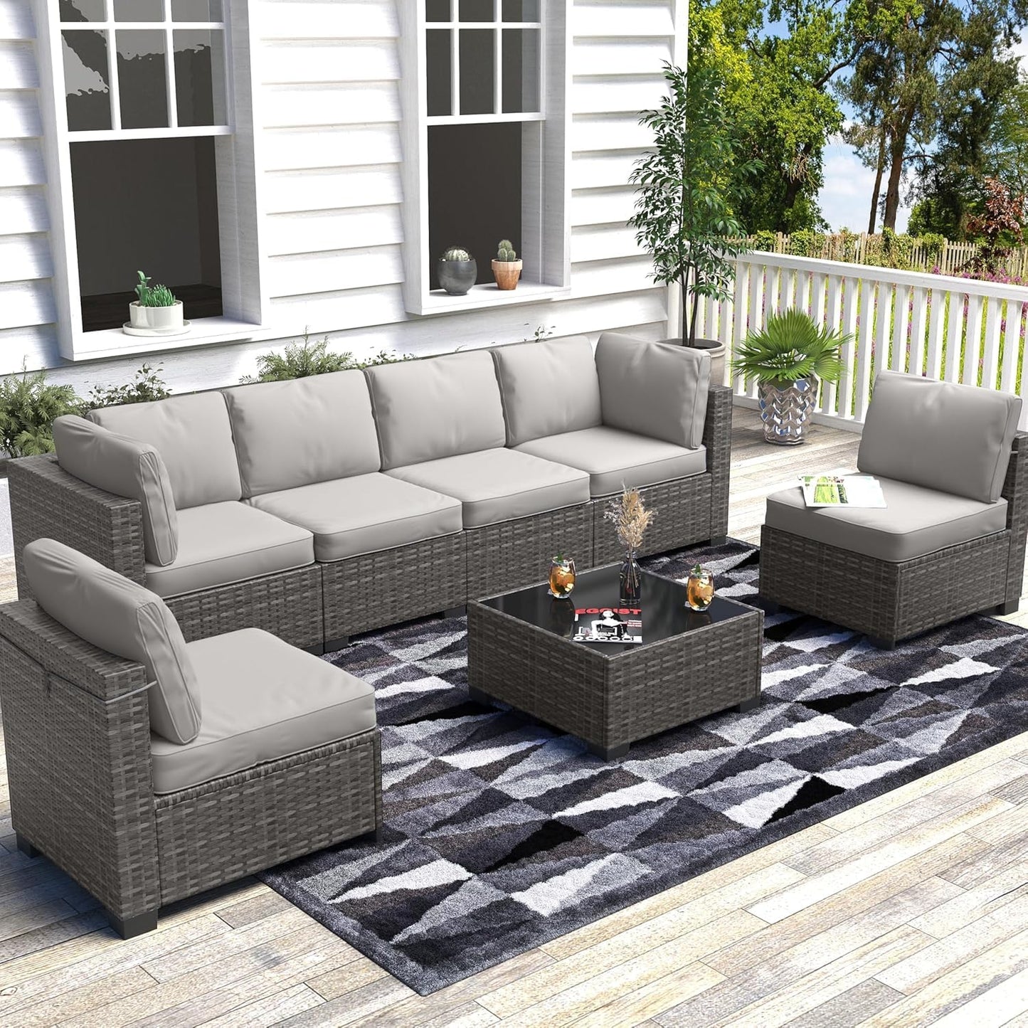 Patio Furniture Set, 7 Pieces Outdoor Sectional Sofa Set with Dining Table & Thickened Cushions, All-Weather PE Wicker Patio Furniture for Garden Lawn Deck, Grey & Blue