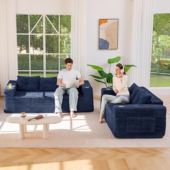 MAXYOYO Boneless Couch and Loveseat Sets for Small Spaces, Mini Love Seat Floor Couch with Cup Holders and Pillows, Upholstered Cloud Couch for Bedroom Apartment, No Assembly Required