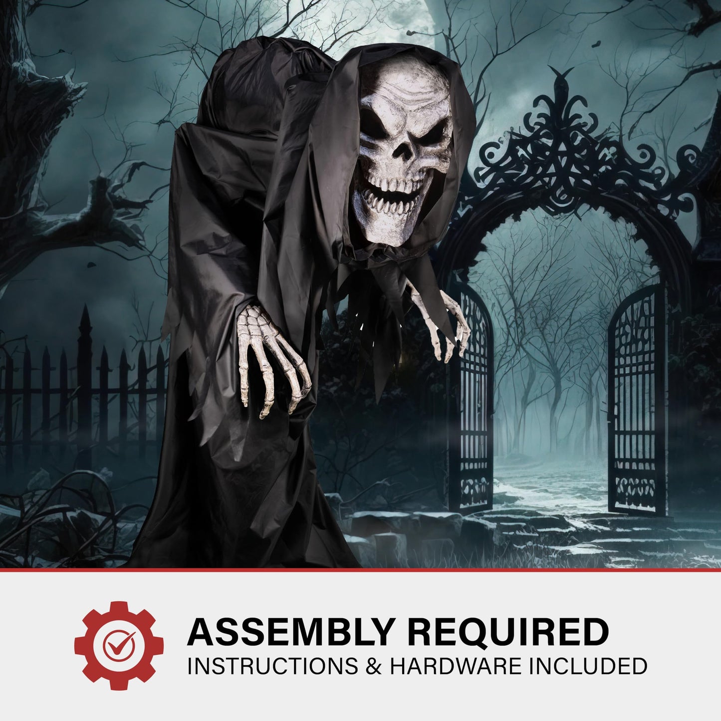 Haunted Hill Farm Motion-Activated Hunched Skeleton Reaper by Tekky, Talking Halloween Animatronic for Indoor or Covered Outdoor Creepy Halloween Decorations, Plug-in or Battery Operated Fright Props