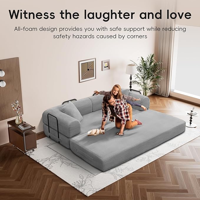 ZQRhome 79" 5-in-1 Convertible Sofa Bed, Deluxe Sleeper with Pillows & Sturdy Base, Easy Setup Corduroy Couch for Modern Living Space & Small Apartment, Light Gray