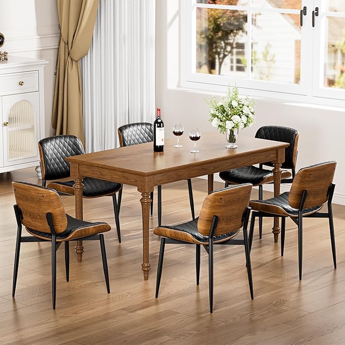 YaFiti Dining Chairs Set of 6, FSC Certified Mid Century Modern Accent Dining Room and Kitchen Chairs, Upholstered PU Leather Diamond Check Chairs with Walnut Bentwood and Metal Legs, Black