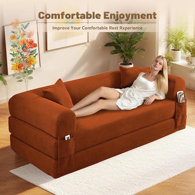 GJQ Convertible Futon Sofa Bed,80" Folding Pull Out Couch Bed with Storage,Queen Sleeper Sofa Bed,Compressed Couch in a Box,Corduroy Boneless Couches for Living Room,Orange