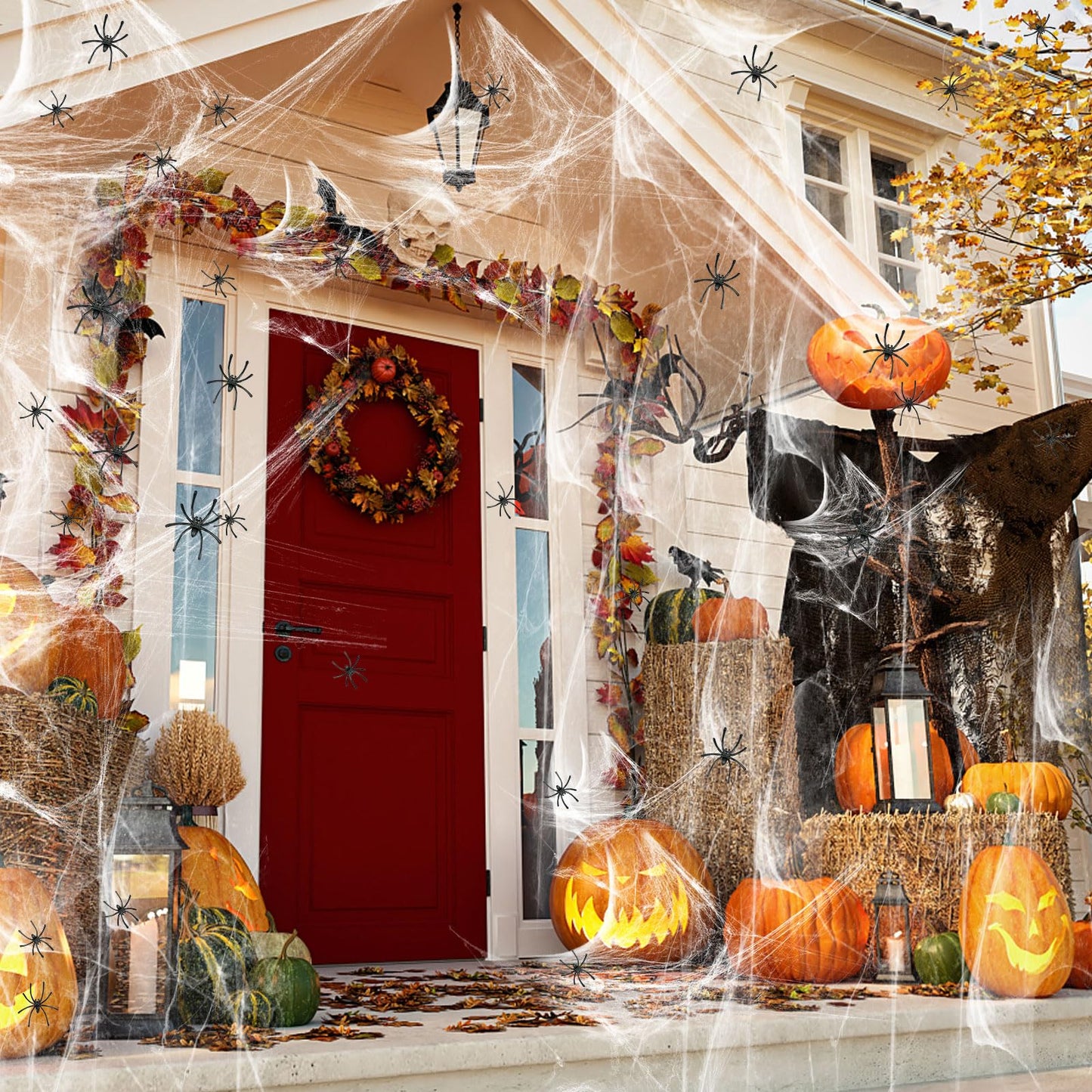 Famoby 1200 sqft Halloween Spider Webs & 50pcs Fake Spiders Super Stretch Cobwebs for Halloween Theme Decoration Indoor and Outdoor Party Supplies