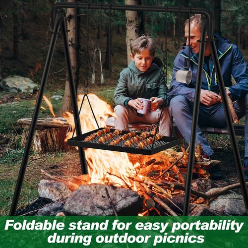Rossesay Campfire Swing Grill Stand Adjustable Grill Cooking Stand Hanging Rack with 8 Hooks and Accessories Campfire Cooking Equipment for BBQ Picnic Outdoor Party(Normal Tray)