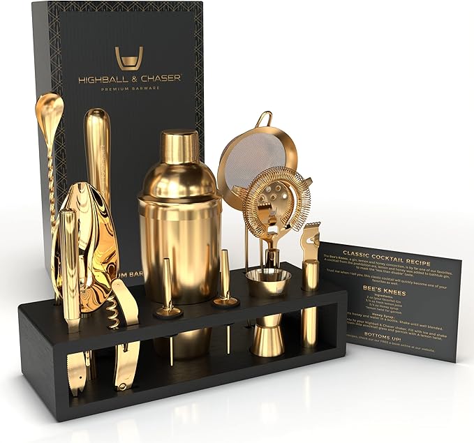 Highball & Chaser Bartender Kit with Espresso Bamboo Stand. Beautiful Cobbler Cocktail Shaker Set with Bar Tools Rustproof...