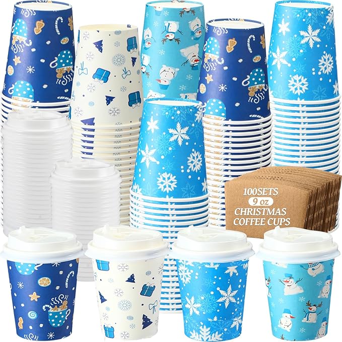 Cunhill 100 Sets 9oz Christmas Disposable Coffee Cups with Lids & Sleeves, Bulk Paper Christmas Coffee Cups for Hot Chocol...