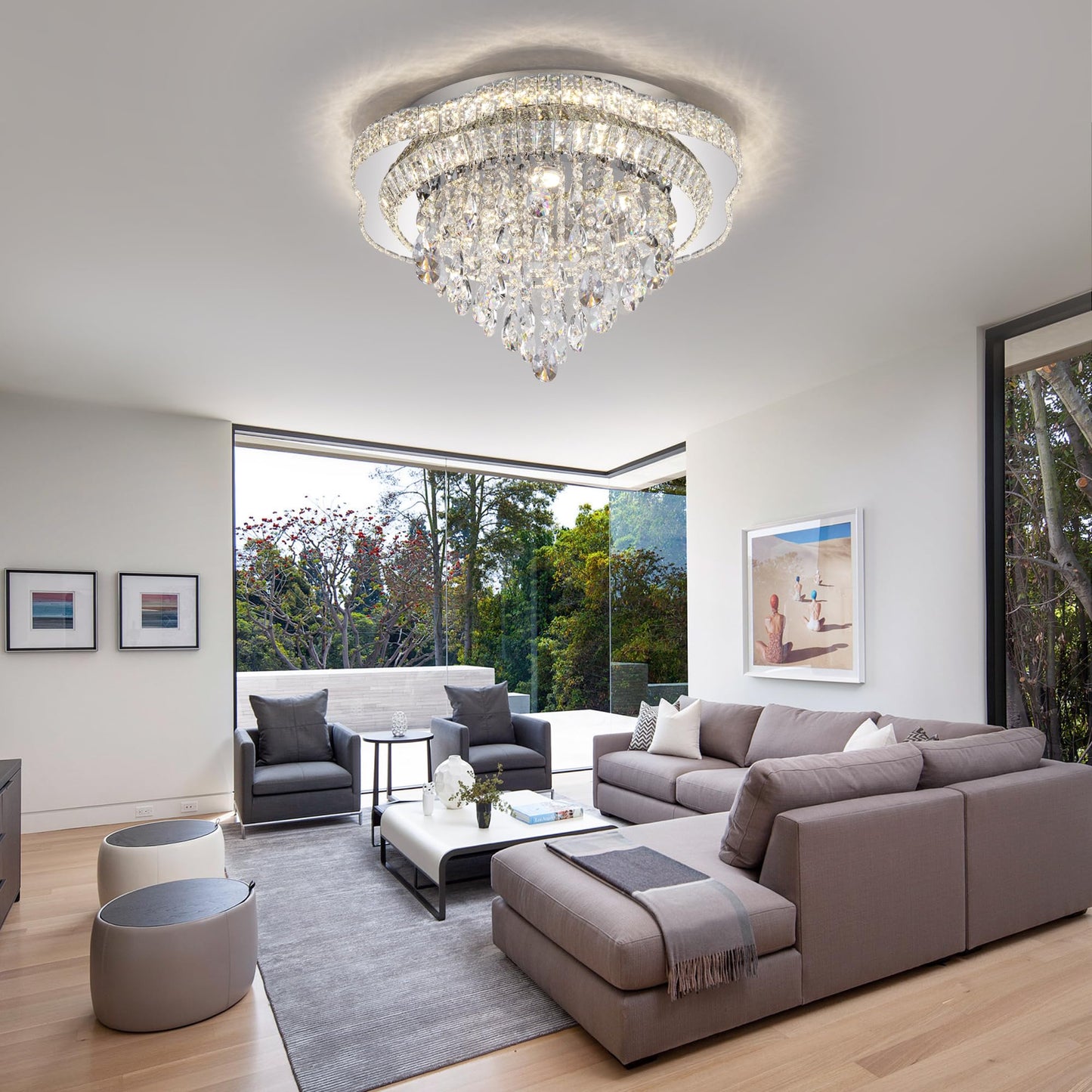 OSGNER 24" Sliver Crystal LED Ceiling Light Fixture with Remote Control,Flush Mount Chandelier with 3-Color Dimmable for Living Room Bedroom Dining Room Hallway - Modern Flower Design