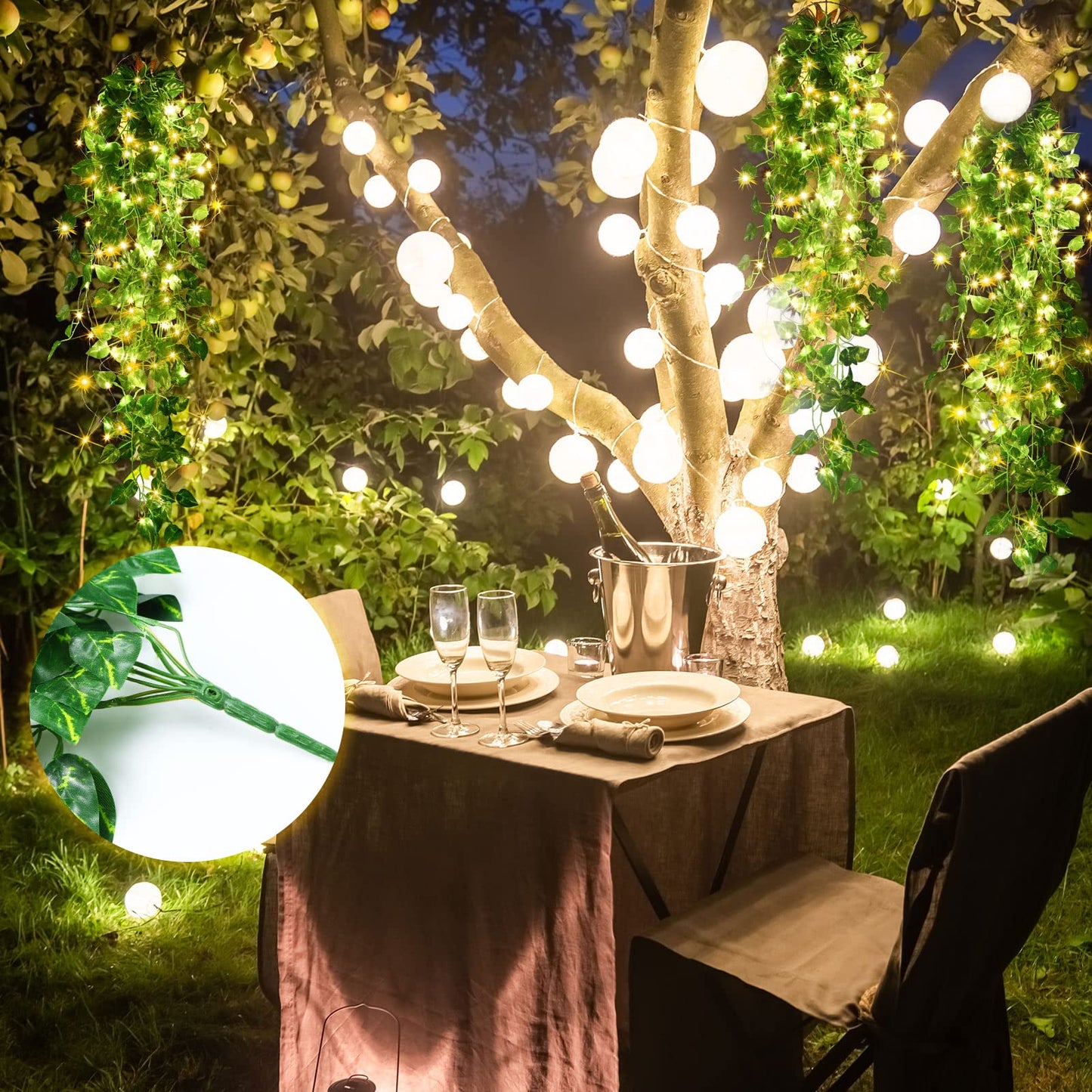Mudder Fake Ivy Vines with Lights, LED Artificial Hanging Green Leaves Vines for Outdoors Patio Porch Decor (Basket Not Included) (Greenery Style, 6 Packs)