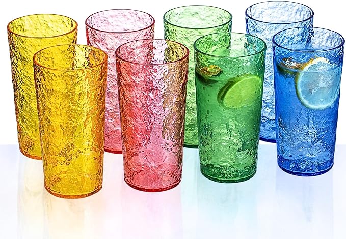 MIYOPESI 18oz Colorful Acrylic Glasses Drinkware (Set of 8), Ice-carved Design Stackable Shatter-Proof Plastic Cups, Reusa...
