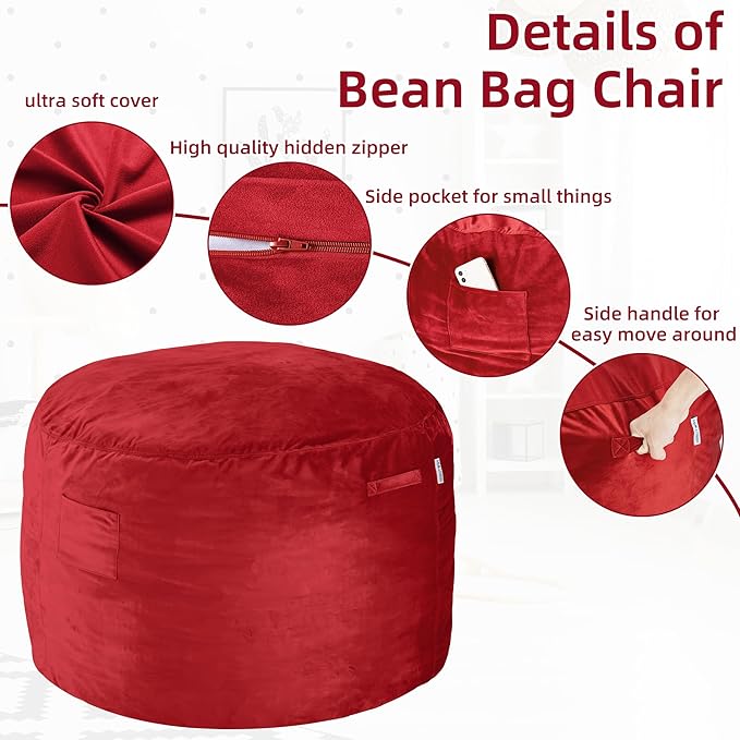 HABUTWAY Bean Bag Chair 3Ft Luxurious Velvet Ultra Soft Fur with High Rebound Memory Foam Bean Bag Chairs for Adults Plush Lazy Sofa with Fluffy Removable Sponge 3' (Red)