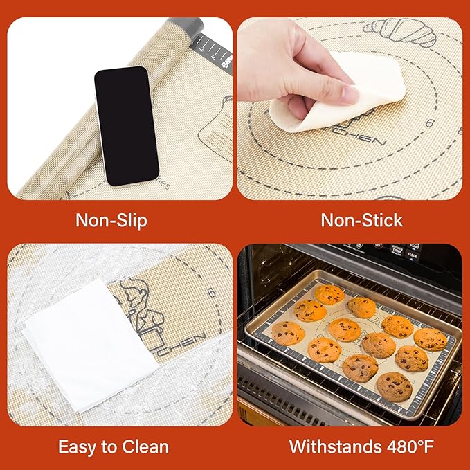 Silicone Mat for Baking Macaron, Bread, Pizza, Extra Thick Silicone Baking Mat with Measurement, Non Stick Pastry Mat for Dough Rolling Out, Heat Resistant to 480°F Gift for Baker
