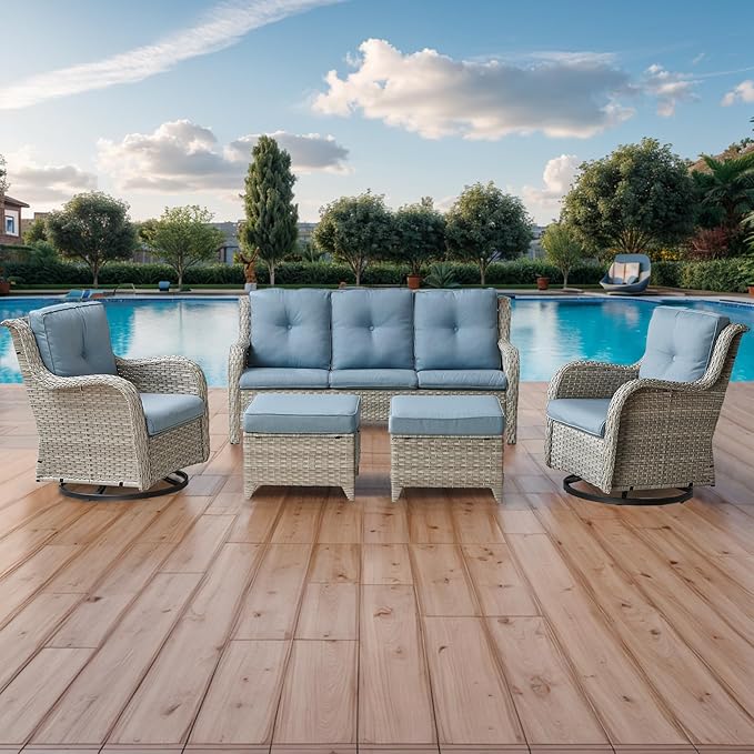 Rilyson Patio Furniture Swivel Chairs Set - 5 Piece Wicker Rattan Outdoor Sectional Conversation Sets with 2 Rocking Swivel Chairs,2 Ottomans and 1 Sofa for Porch Deck Garden(Light Grey/Sky Blue)