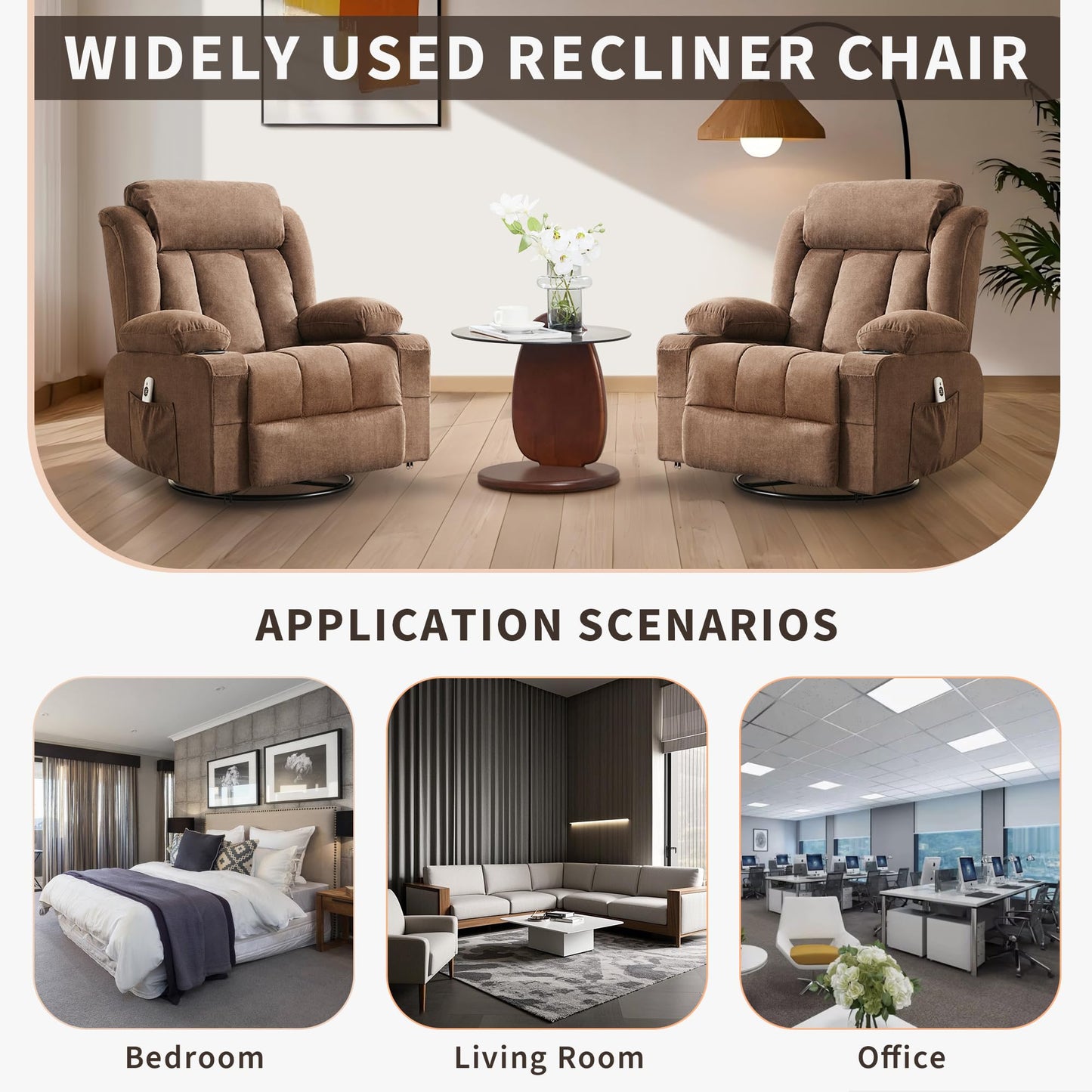 Oversized Manual Rocker Recliner Chair with 360° Swivel – Heat & Massage, Remote Control, Cup Holders, Side Pockets, USB Charging – Large Comfortable Living Room Lounge, Brown, Perch Depth 57CM