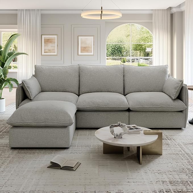 Lopzeho 94.6" Cloud Modular Sectional Sofa, Waterproof Down Filled Sectional Sofas, High Backrest L Shaped 3 Seater Sectional Couches with Ottoman, Modular Couch with Removable Cover, Light Gray