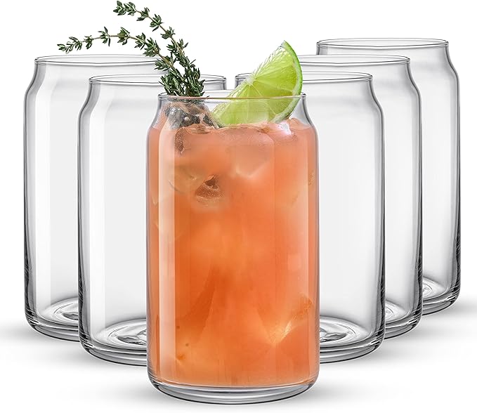 JoyJolt Drinking Glass Cups Set of 6-16oz Beer Can Glasses. Clear Soda Can Shaped Glass Cups, Cute Iced Coffee Cup Tumbler...