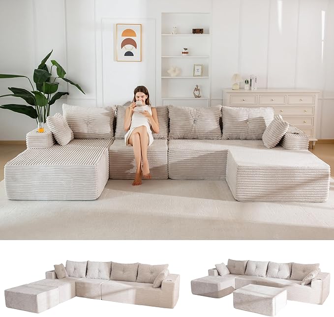 MAXYOYO 132" Giant U-Shaped Modular Sectional Couch, Modern Boneless Couch for Living Room, Sofa in A Box, Oversized Sofa Sleeper with Deep Seat, No Assembly Required, Grayish Beige