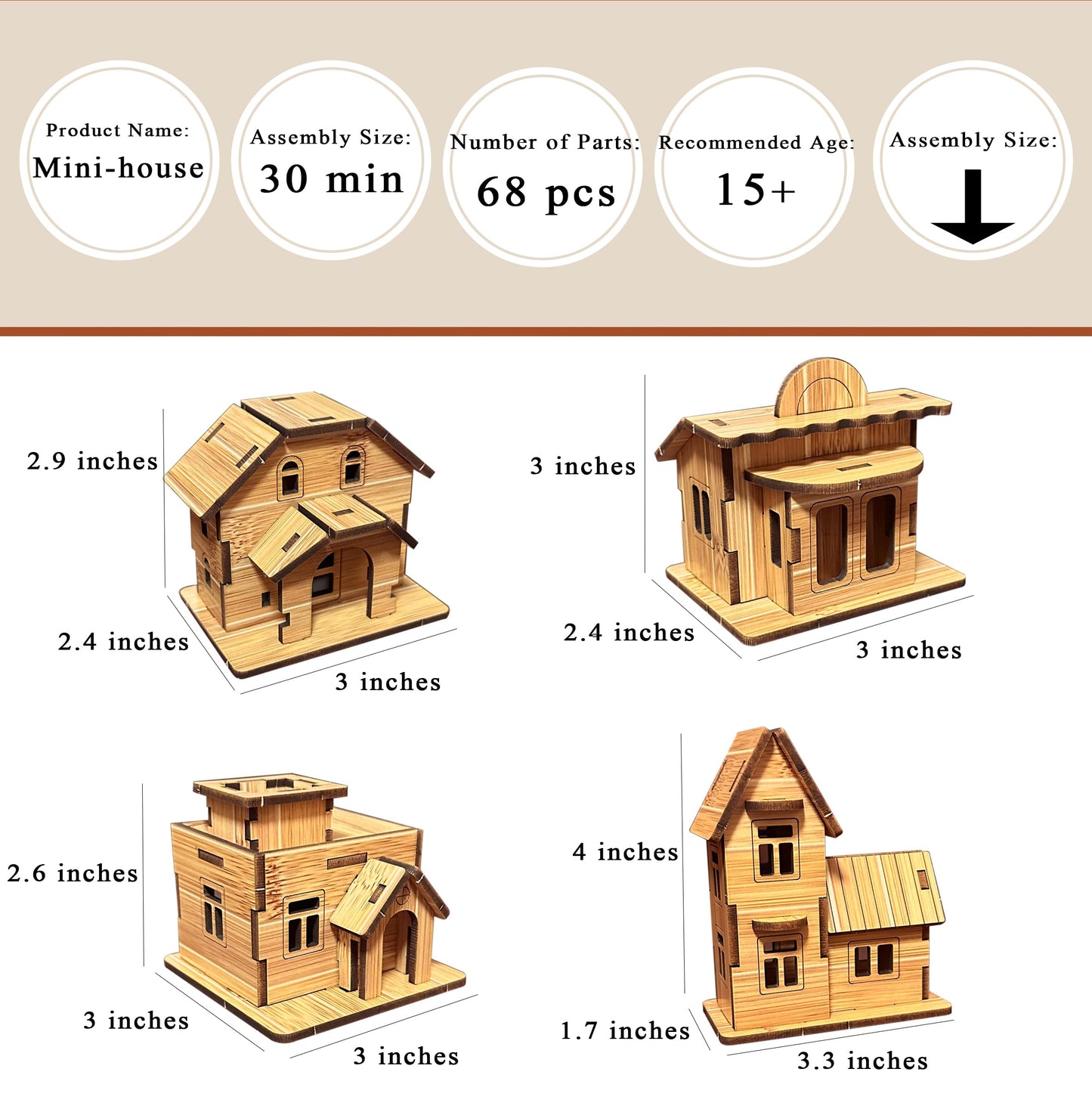 MPIUET 3D Wooden Puzzles for Adults 4PCS Wooden Mini House Model Kits for Adults, 3D Jigsaw Brain Teaser Puzzles, Log Cabin DIY