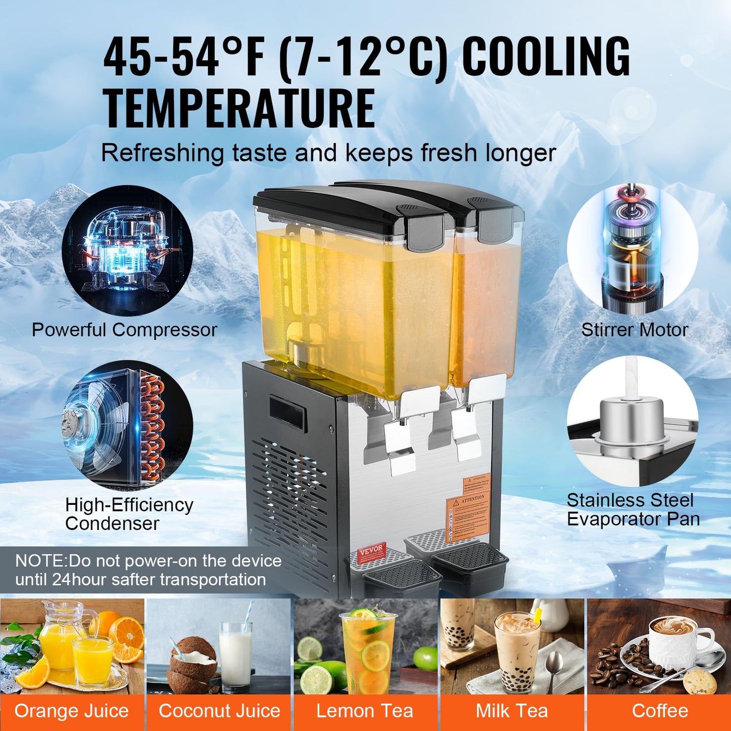 VEVOR Commercial Beverage Dispenser, 2 Tanks 10 L / 10.6 QT Per Tank Juice Dispenser, 270W Stainless Steel Ice Tea Drink Machine with 45°F-54°F Cooling Temperature, for Cold Drink Restaurant Bar Party