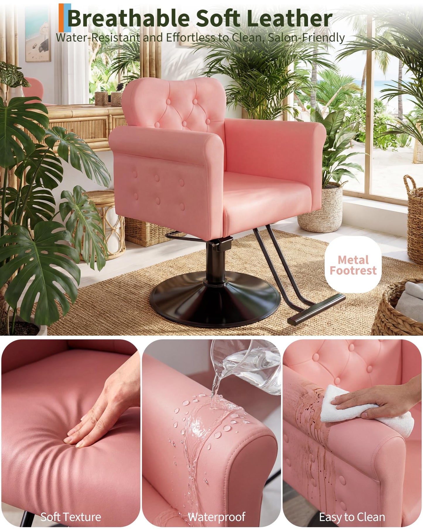 Salon Chair for Hair Stylist, Barber Hair Styling Chair with Height Adjustable Hydraulic Pump, 360 Degrees Swivel with Lock, High-Density Foam & PU Leather for Beauty, Max Load Weight 330 Lbs- Pink